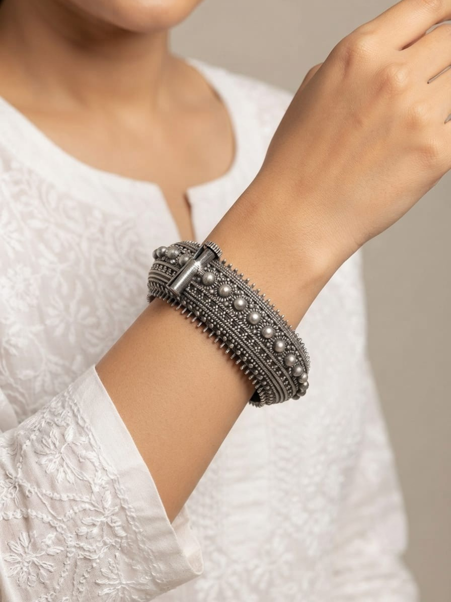 Oxidised German Silver Textured Statement Cuff Bracelet