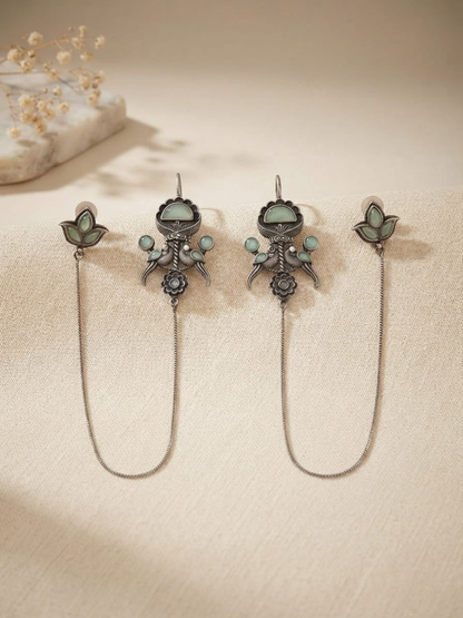 Oxidised Mint Green Stones Long Chain Peacock Earcuffs