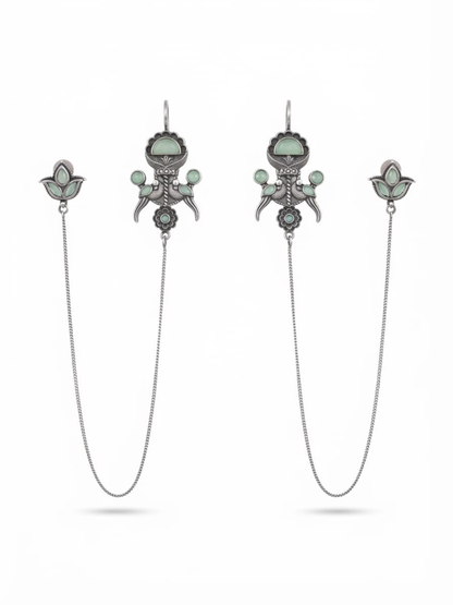 Oxidised silver peacock long chain earcuffs