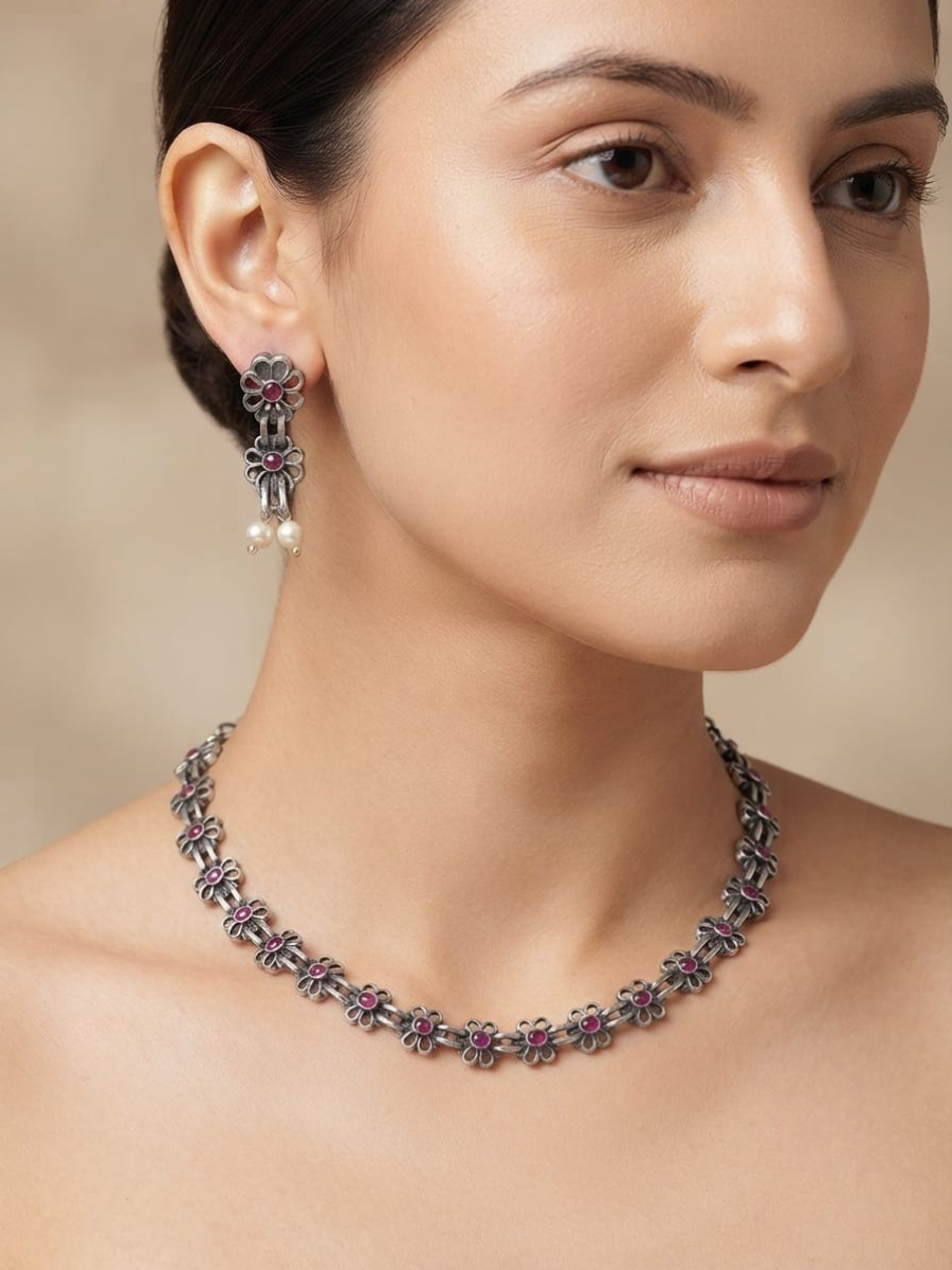 Oxidised Ruby Red Floral Minimal Choker Necklace Set