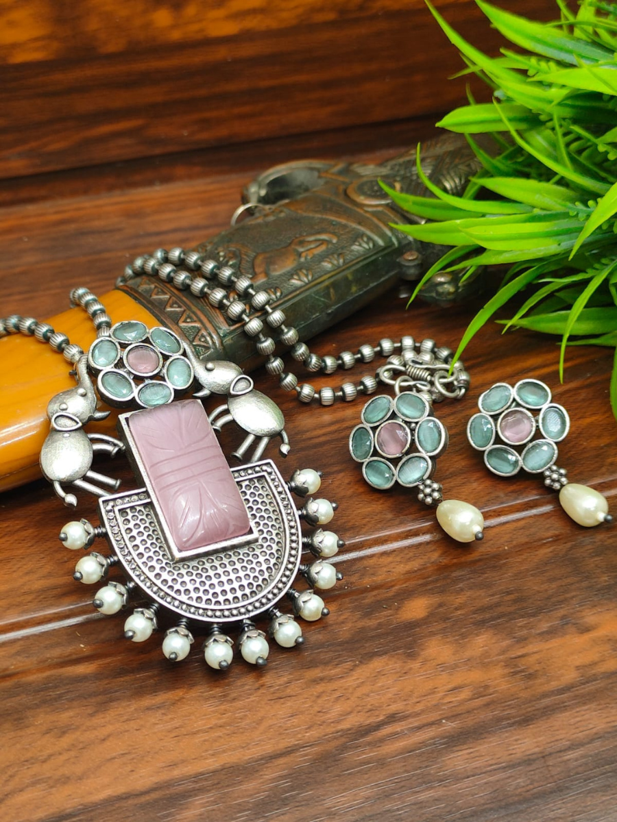 Oxidised Silver Baby Pink and Turquoise Stone Necklace Set