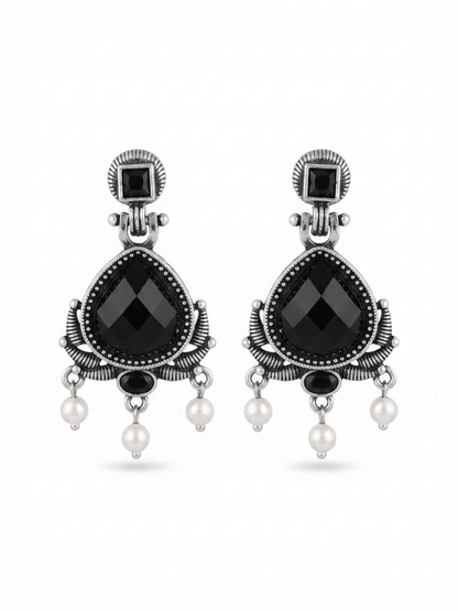 Ethnic black crystal silver earrings