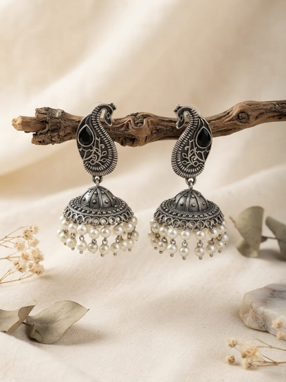 Oxidised Silver Black Stone Peacock Jhumkas