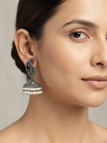 Oxidised silver peacock jhumka earrings