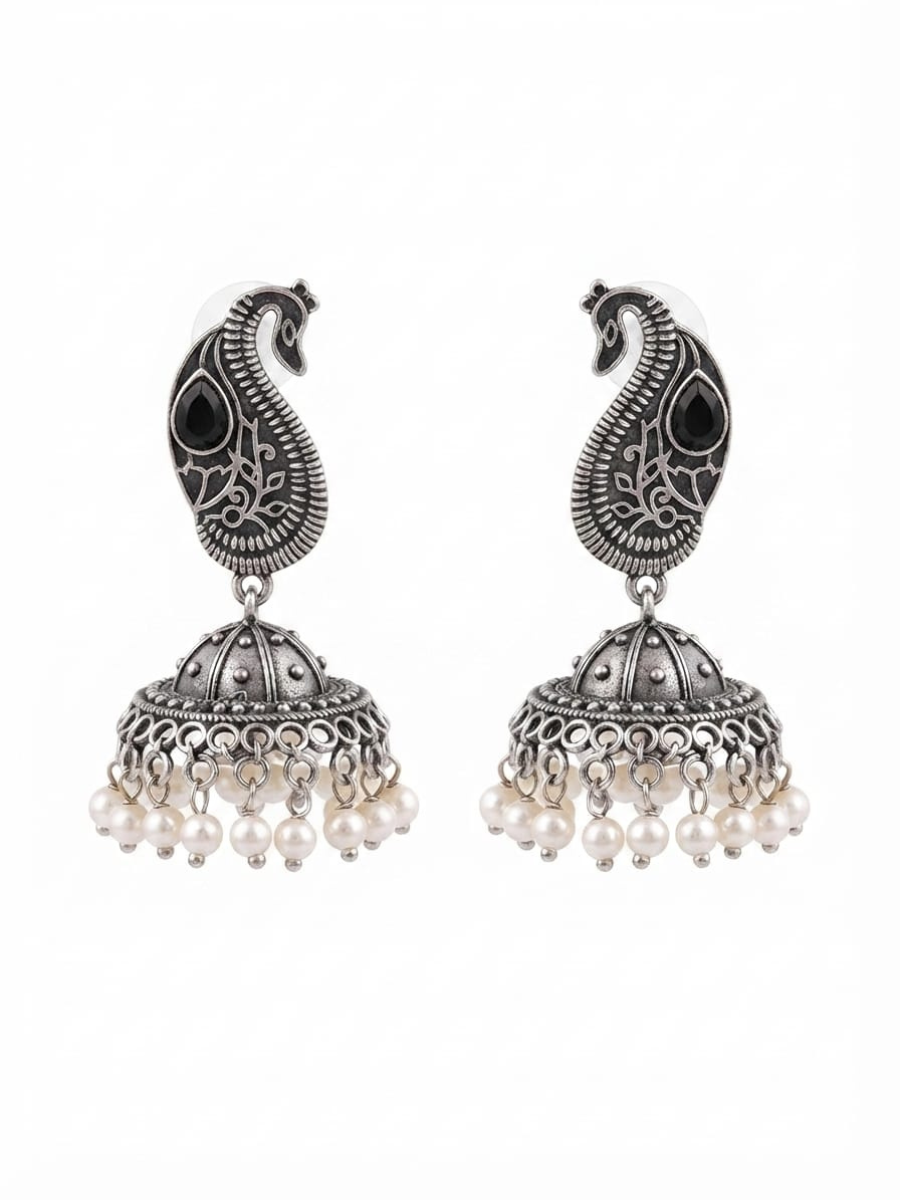 Traditional black stone silver jhumkas