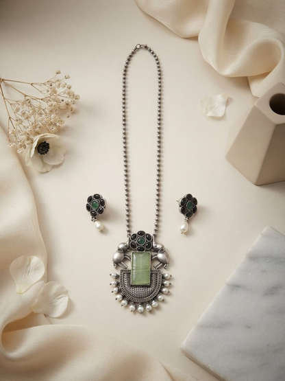 Oxidised Silver Black and Green Long Chain Necklace