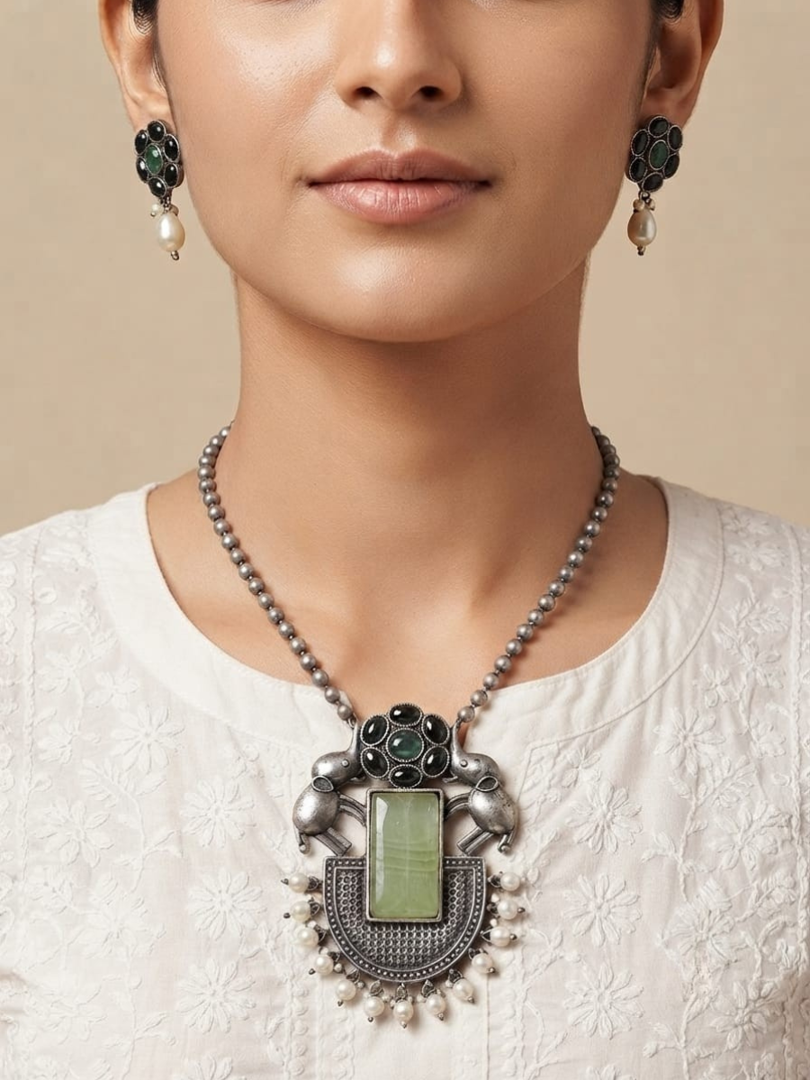 Oxidised silver green stone long necklace
