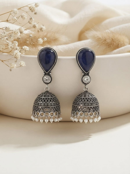 Oxidised Silver Blue Stone Jhumkas