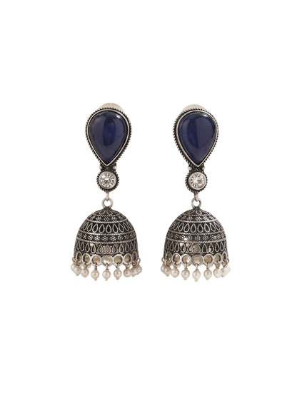 Traditional black metal jhumkas featuring a teardrop blue stone and pearl hangings