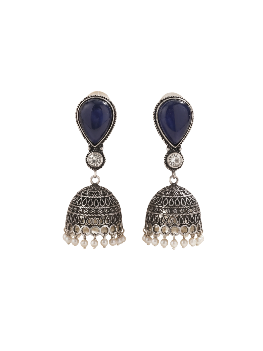 Traditional black metal jhumkas featuring a teardrop blue stone and pearl hangings