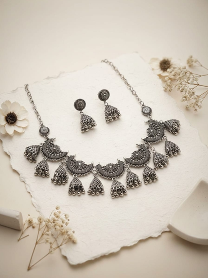 Oxidised Silver Crescent Jhumka Style Choker Necklace