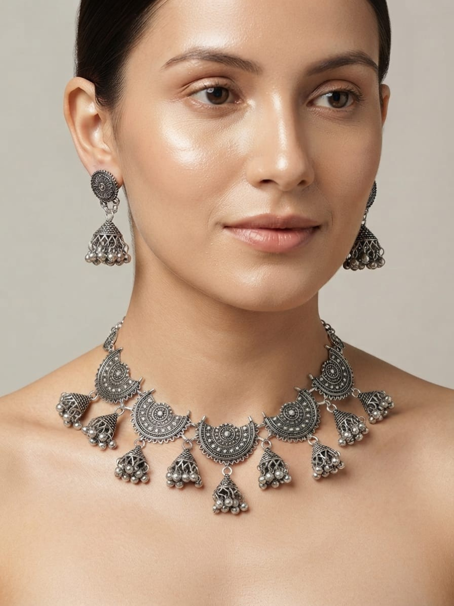 Oxidised silver crescent jhumka choker