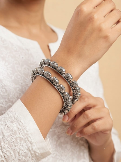 Oxidised Silver Elephant Motif Bangles Set