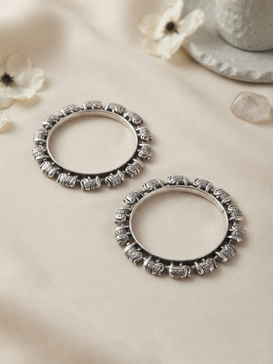 Oxidised silver elephant motif traditional bangles.