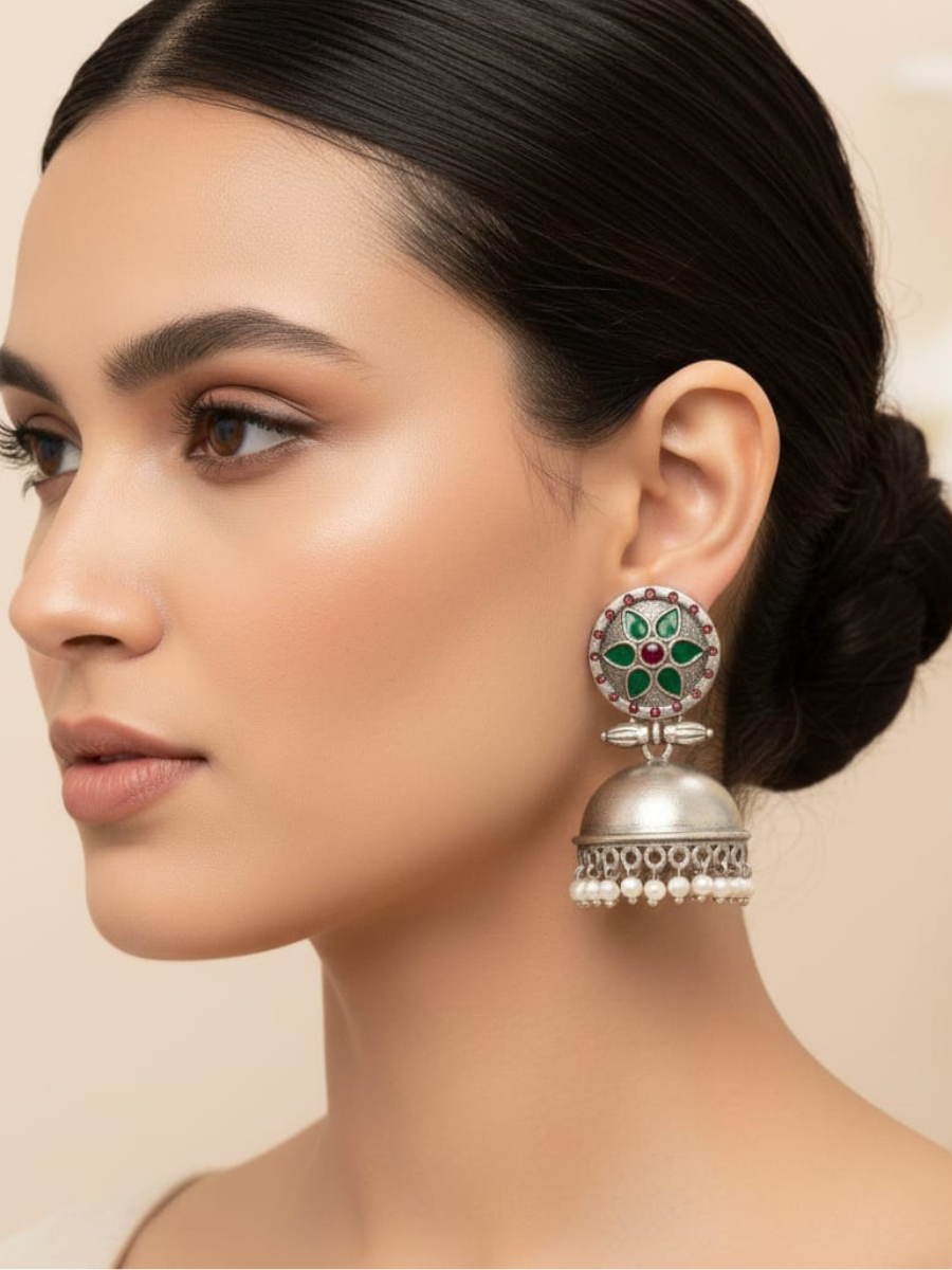 Oxidised silver emerald floral jhumkas