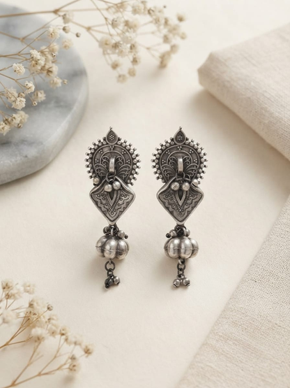 Oxidised Silver Engraved Ethnic Drop Earrings