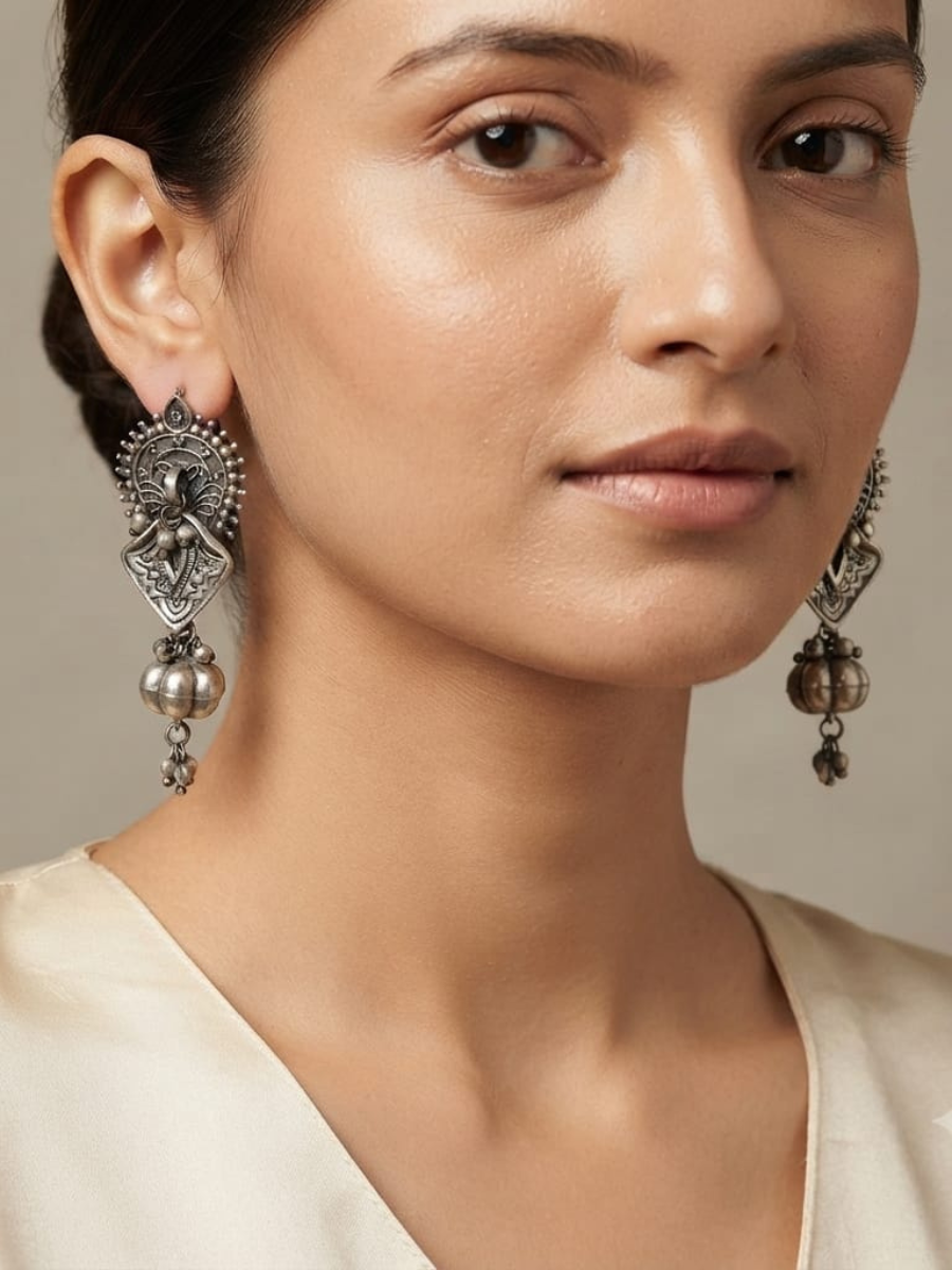 Oxidised silver ethnic drop earrings