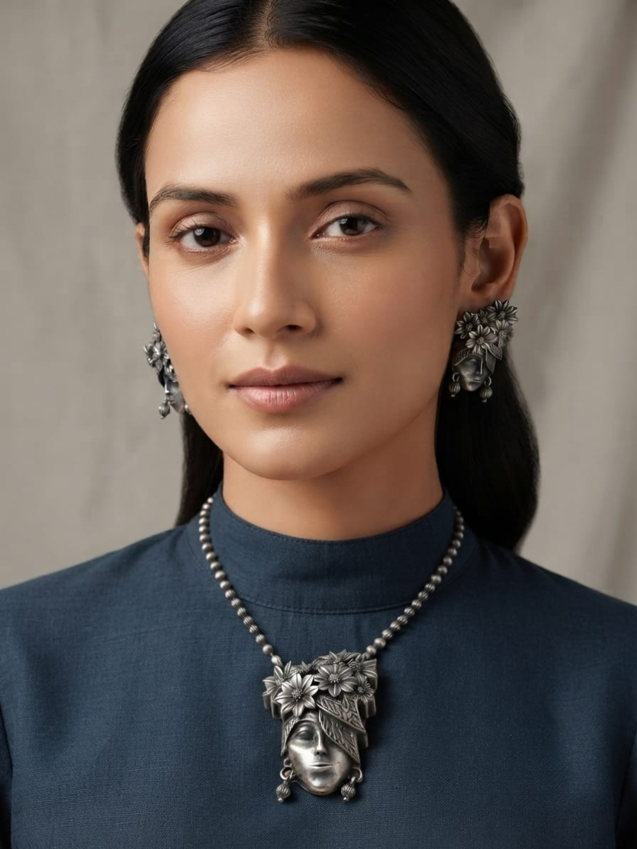 Oxidised Silver Floral Lady Pendant Long Chain Necklace