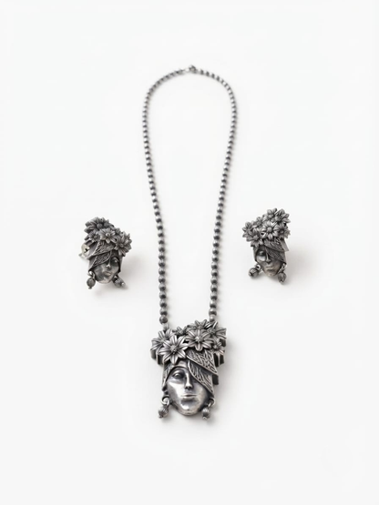 Silver woman face pendant long chain