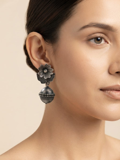 Oxidised silver floral drop earrings