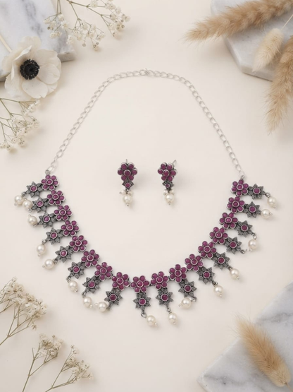 Oxidised Silver Floral Pink Stones Choker Necklace