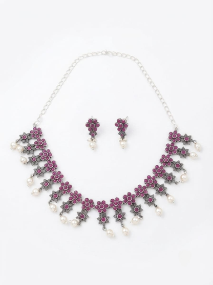 Oxidised silver pink stone choker