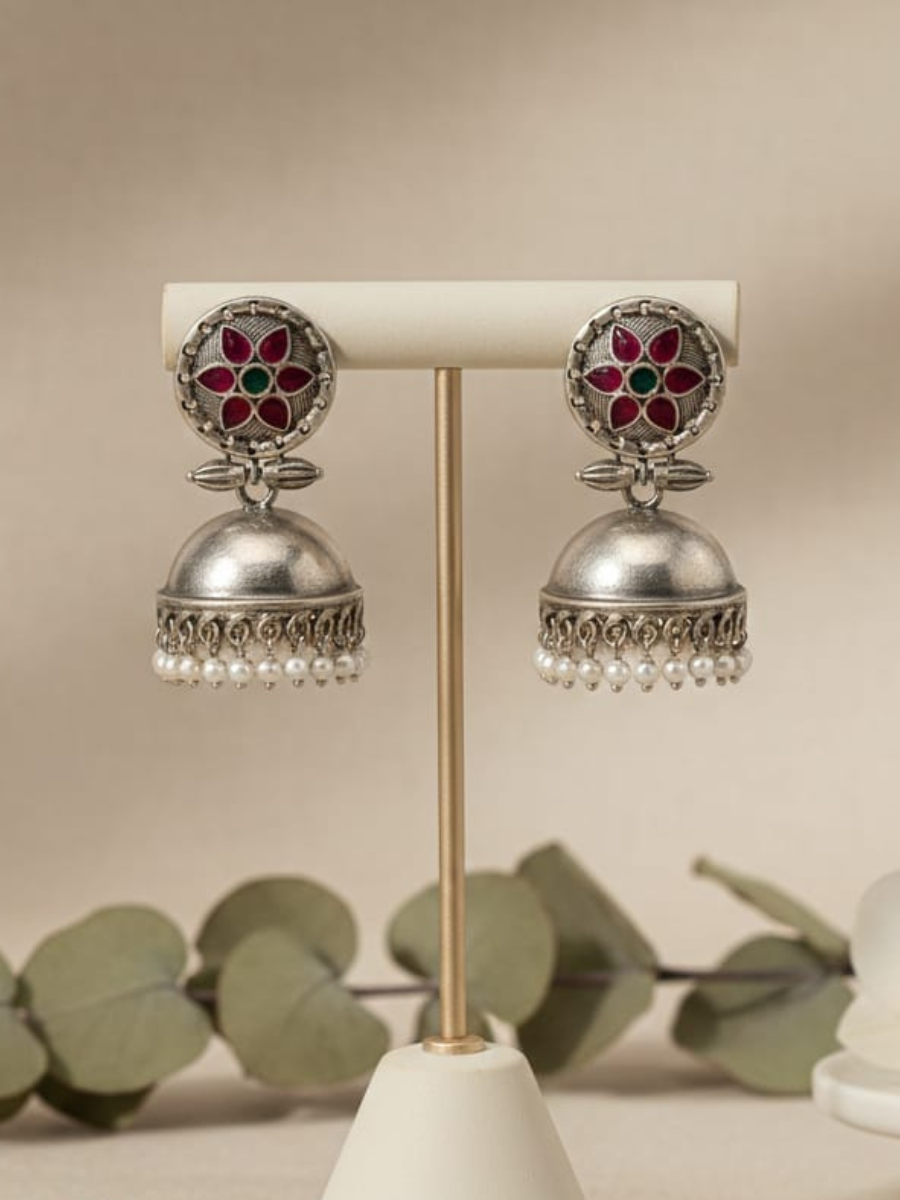 Traditional red stone pearl jhumkas
