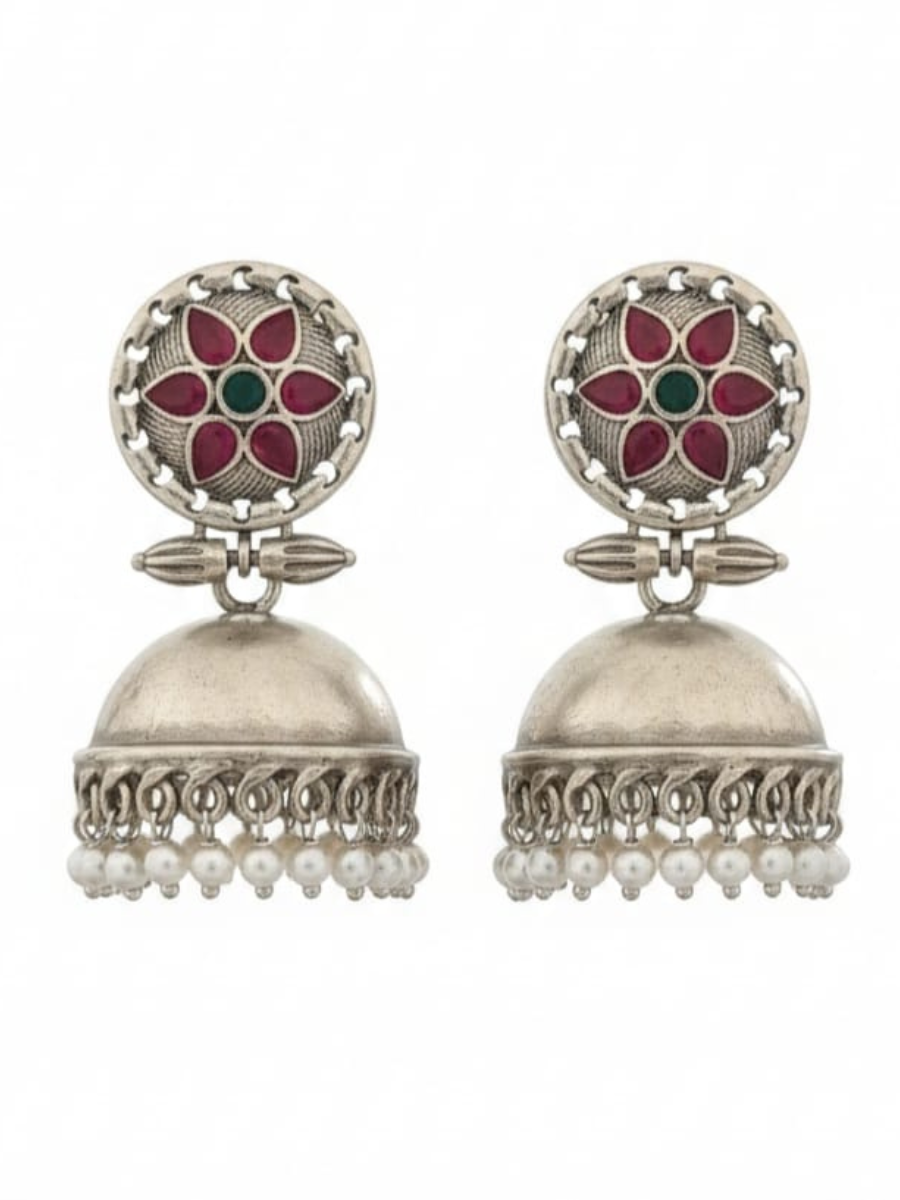 Oxidised Silver Floral Ruby Gemstone Jhumkas