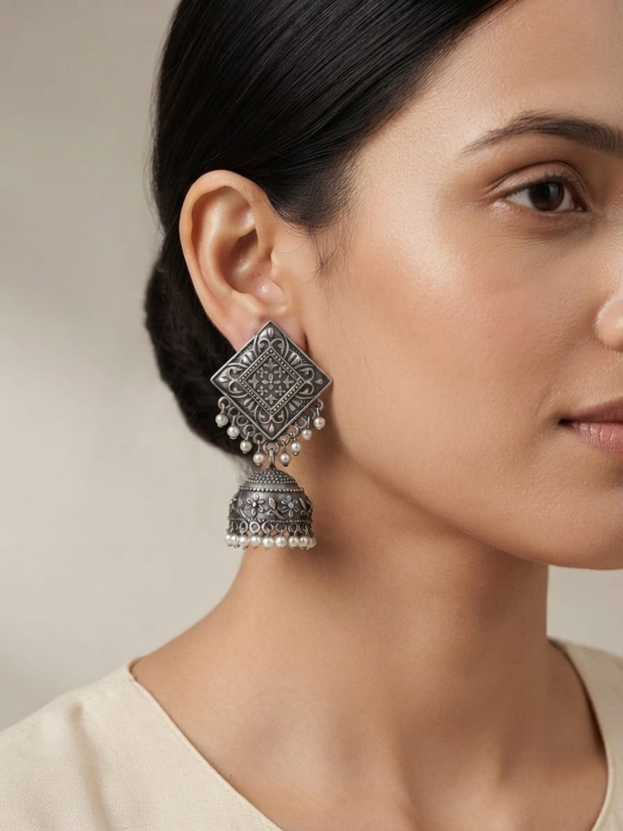 Oxidized silver traditional jhumka earrings