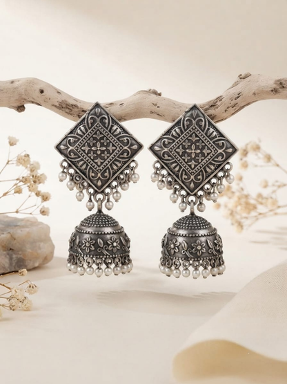 Oxidised Silver Floral Square Jhumka Earrings