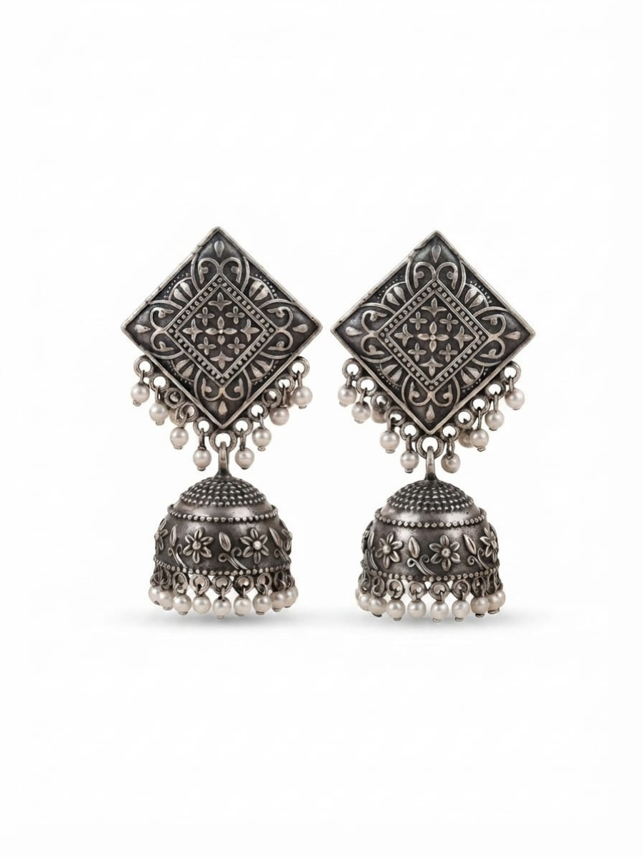 Antique silver ethnic pearl jhumka