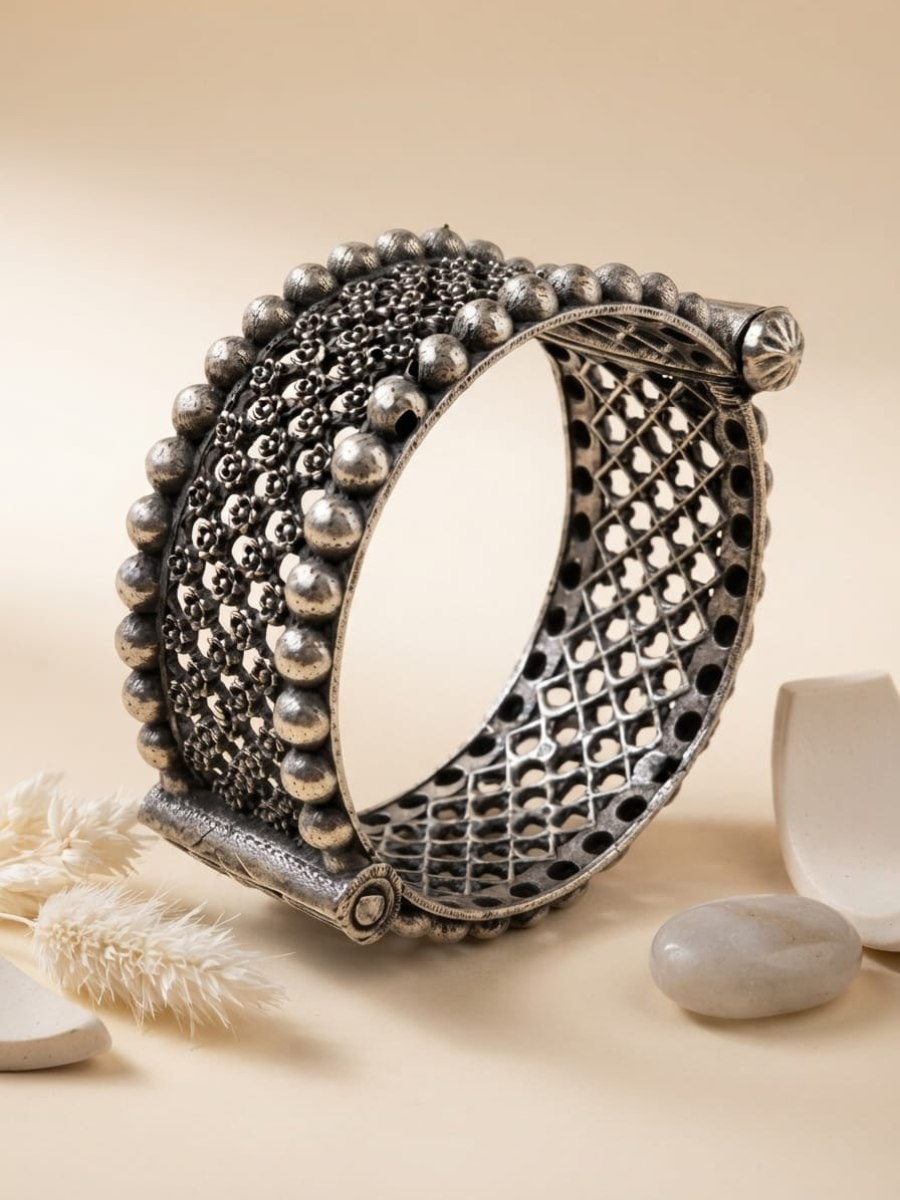 Oxidised Silver Floral Textured Cuff Bangle