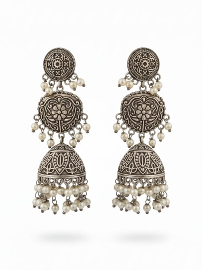Heavy ethnic silver-plated drop earrings