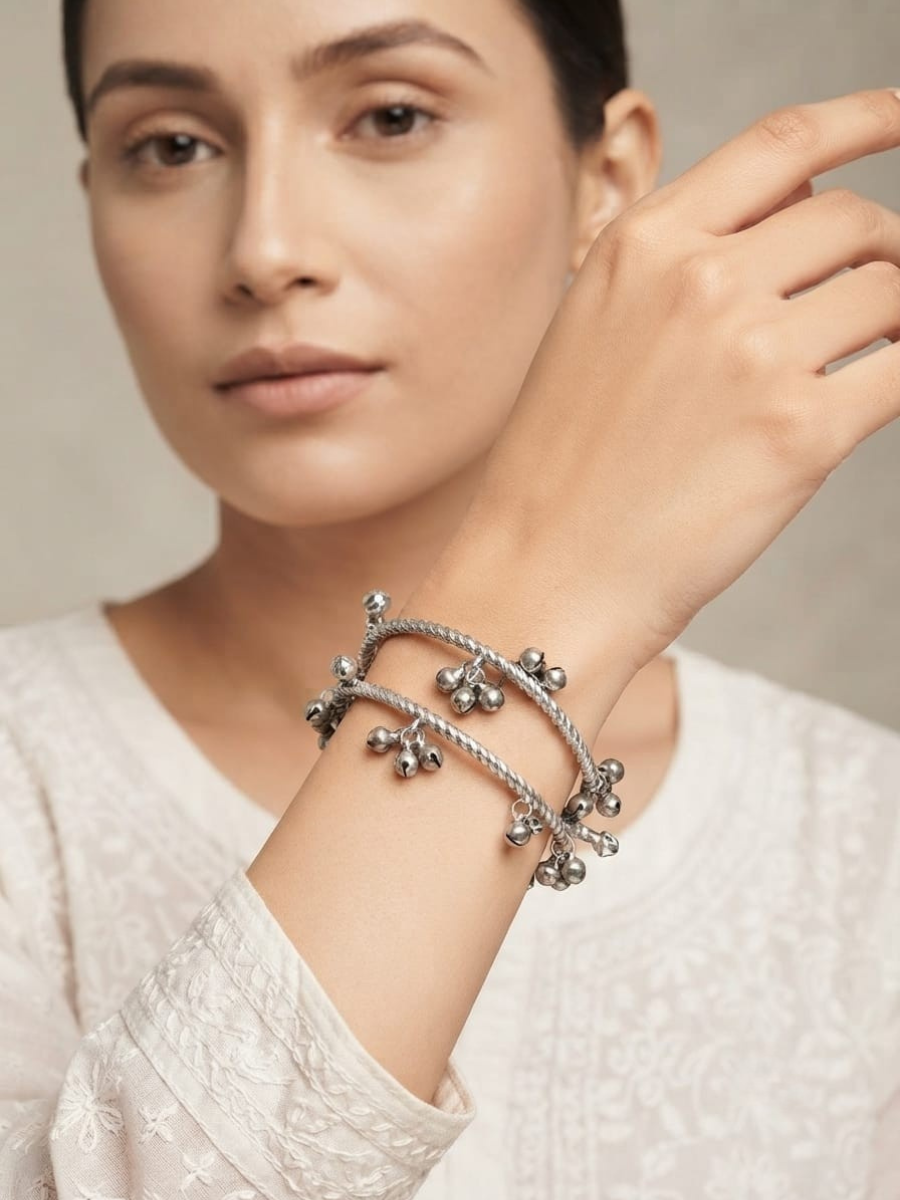Oxidised Silver Ghungroo Charms Bangles Set