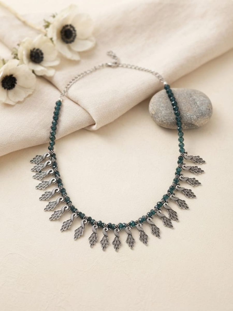 Oxidised Silver Green Beaded Peacock Charms Choker Necklace