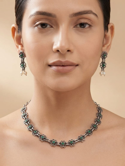 Oxidised Silver Green Floral Minimal Choker Necklace Set