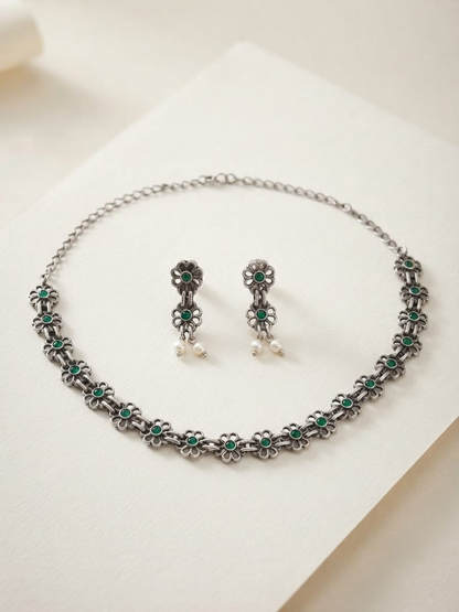 Oxidised silver green floral choker