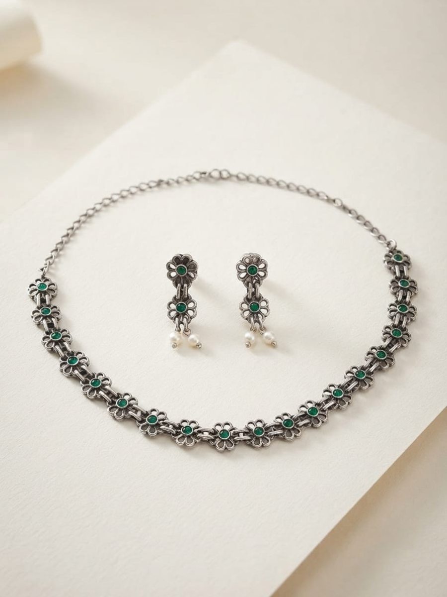 Oxidised silver green floral choker