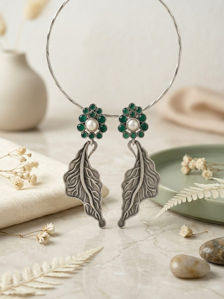 Buy Oxidised Silver Green Leaf Drop Statement Earrings Online in India