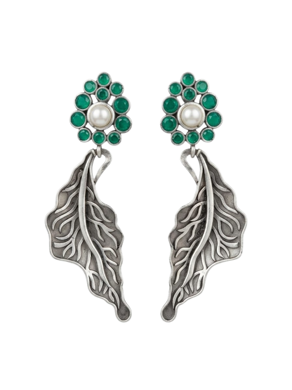 Oxidised Silver Green Leaf Drop Statement Earrings