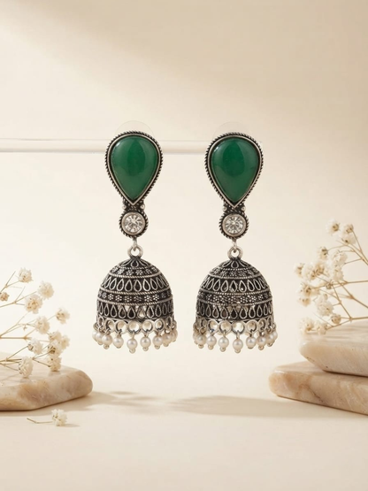 Oxidized silver green stone jhumka earrings