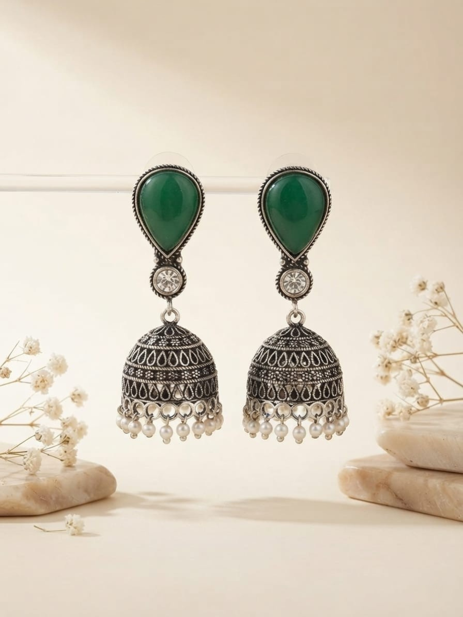 Oxidized silver green stone jhumka earrings