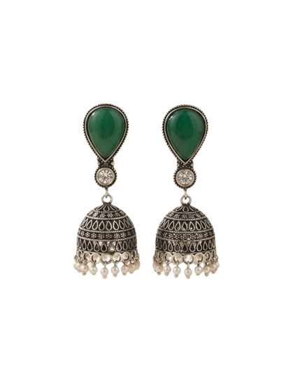 Traditional silver jhumkas with green stones