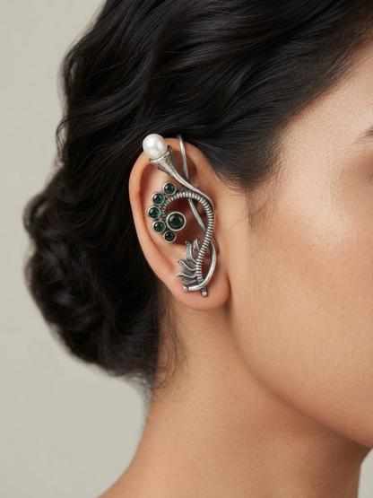 Oxidised Silver Green Stones Needle Earcuffs