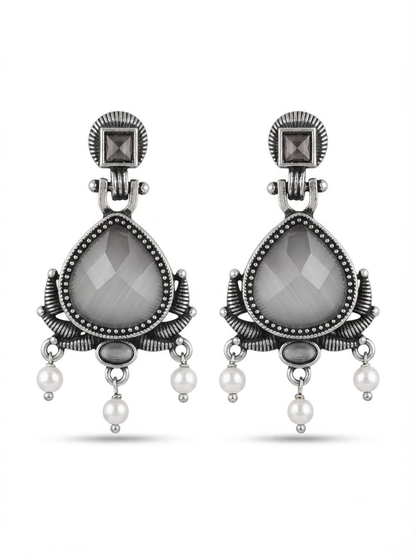 Oxidized silver grey stone drop earrings