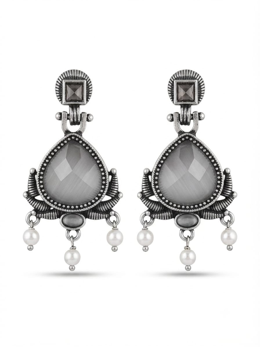 Oxidized silver grey stone drop earrings
