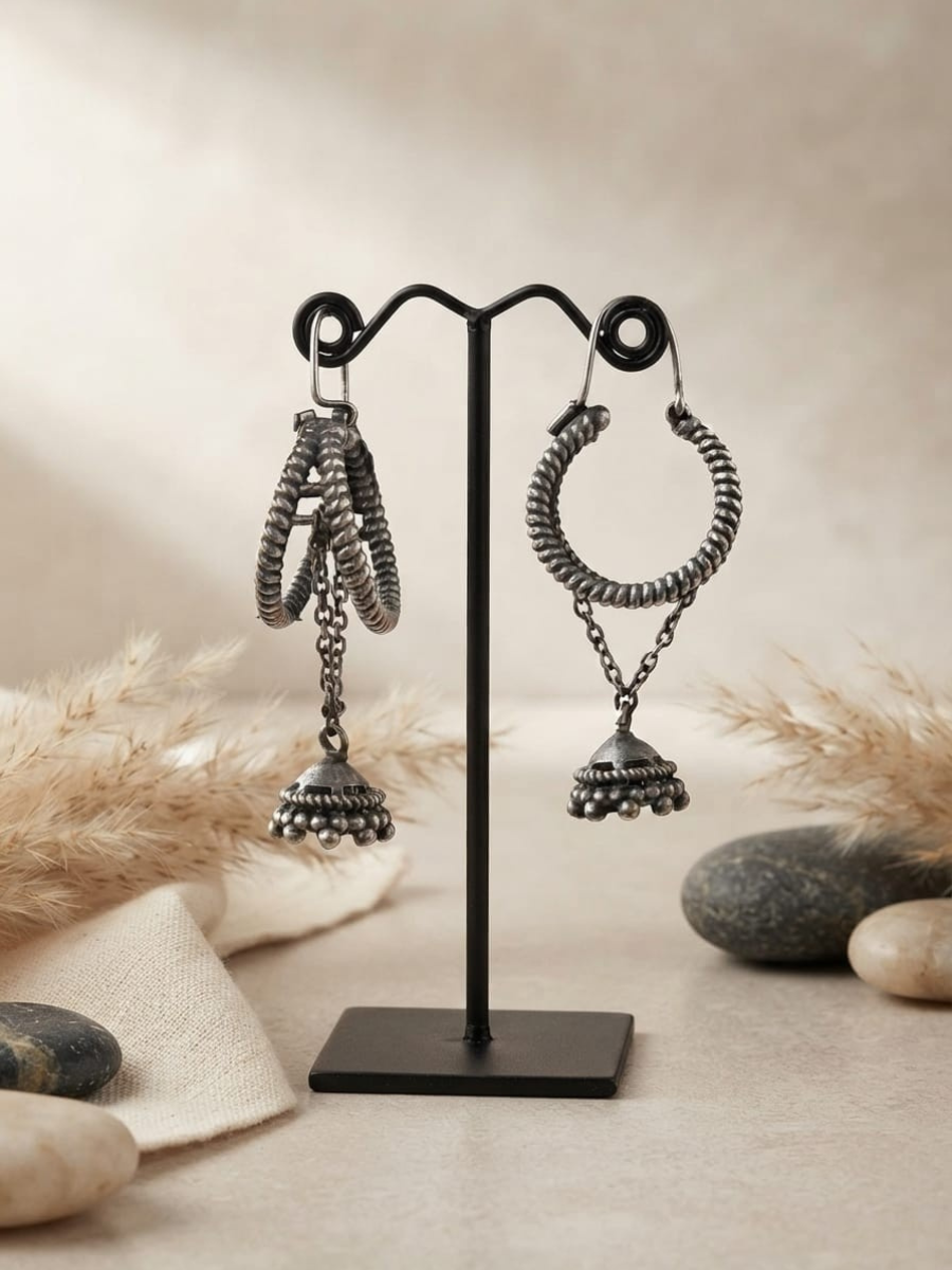 Oxidised Silver Hanging Jhumka Drop Earrings