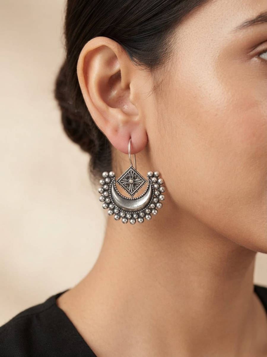 Oxidised Silver Kolhapuri Style Drop Earrings
