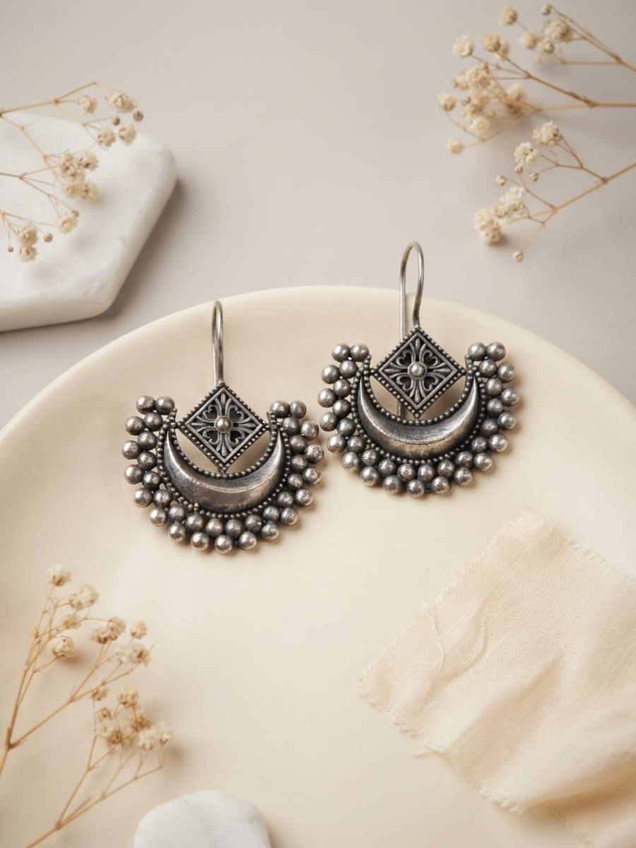 Traditional ethnic silver drop earrings