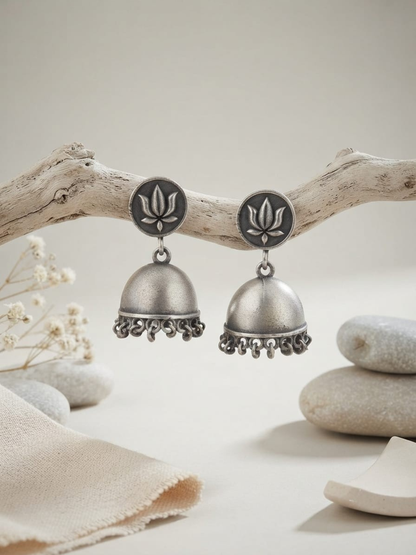 Oxidised Silver Lotus Motif Jhumka Earrings